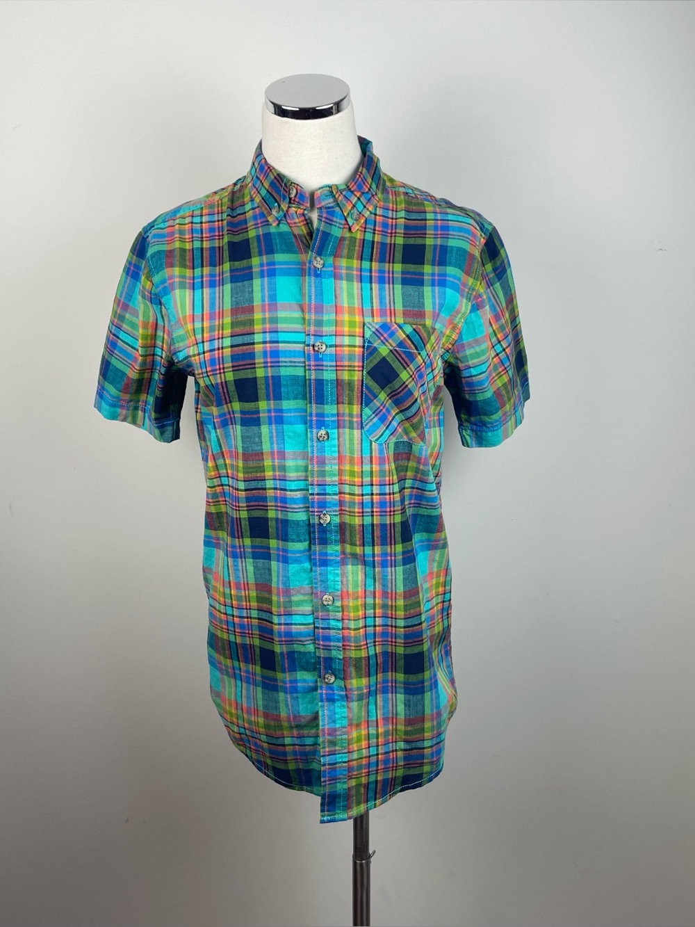 Red Camel Blue Orange Green Plaid Collared Short Sleeve Button Down Shirt Top